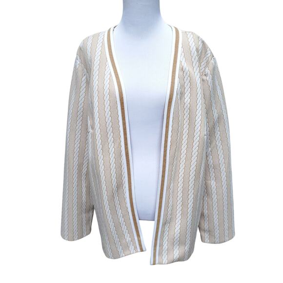 Vintage 1970s Lane Bryant White Tan Poly Stripe Open Front Jacket Fits 1X 2X - Picture 1 of 10